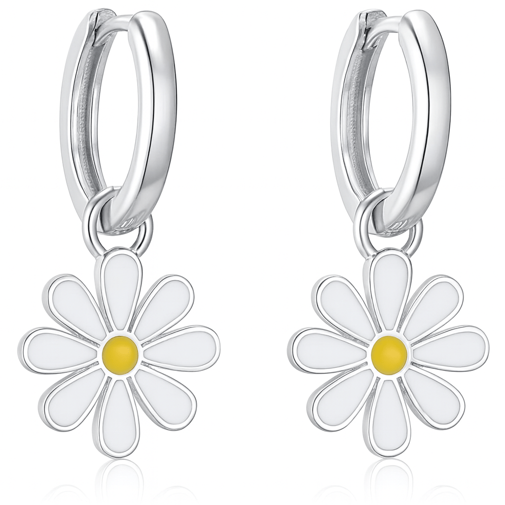 Gänseblümchen Huggie Ohrringe, Weiße Emaille Blumen Creolen, 925 Sterling Silber oder Vergoldet, Zarter Blüten Schmuck, Süßes Geschenk für Sie - Natali Vogel | Schmuck
